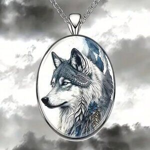 Silver Oval Shaped WOLF Southwestern Pendant Necklace